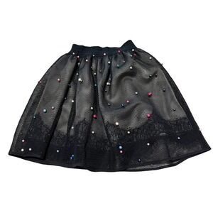 Girls Black Mesh Pearl Embellished Skirt Lace Trim Hem Elastic Waist